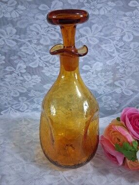 Vintage Blenko Honey Amber Pinched Crackle Glass Decanter 3 Lobe MCM